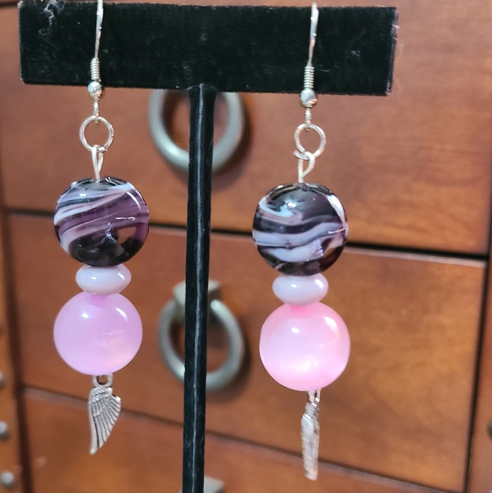 Angel Wing Earrings Purple & Pink Chunky Beaded